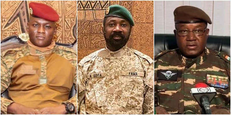 L-R ) The leader of Burkina Faso, Ibrahim Traoré, Mali’s military leader Colonel Assimi Goita and Niger’s General Abdourahmane Tchiani.